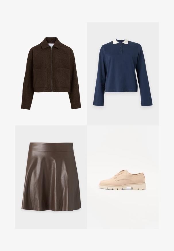 Mørkebrun uldtekstureret cropped jakke med lange ærmer, to forlommer, krave og en sølvfarvet lynlås foran.; Marineblå langærmet poloshirt med hvid krave og tre-knaps stolpelukning, vist på en ensfarvet baggrund.; Mørkebrun A-formet nederdel i kunstlæder med høj talje og glat, let skinnende tekstur.; Beige ruskind snørebåndssko med rund tå, tekstureret overdel og en kraftig, cremefarvet gummisål med udtalt mønster for godt greb.
