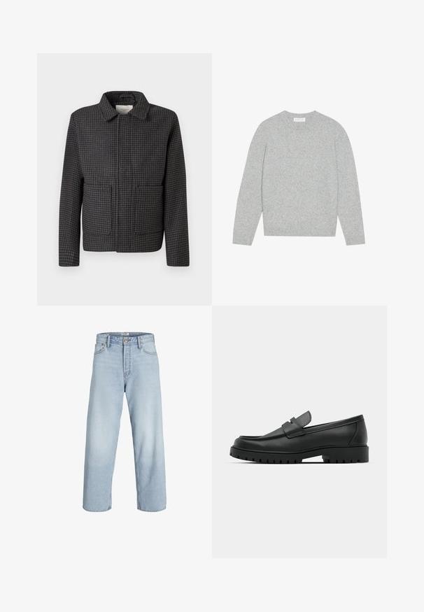 Gray checkered jacket with a collar, two front pockets, and a straight cut. Fabric is textured and features a classic houndstooth pattern.; Light grey wool sweater with a round neck, long sleeves, and ribbed cuffs and hem. Soft texture with a solid, minimal design.; Light blue denim jeans with a high waist, wide leg, and a straight cut. Features classic button closure and five pocket design.; Black leather loafers with a rounded toe, featuring a stitched design, low platform sole, and a textured, lugged rubber outsole.