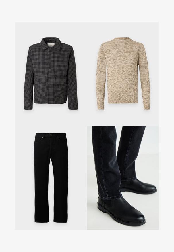 Grau kariertes Jackett mit Kragen, zwei Vordertaschen und gerader Passform. Der Stoff ist strukturiert und zeigt ein klassisches Hahnentrittmuster.; Beige und hellbrauner Melange-Strickpullover mit langen Ärmeln und einem gerippten Rundhalsausschnitt sowie Saum, präsentiert vor einem weißen Hintergrund.; Schwarze Jeans aus Denim mit geradem Bein, Fünf-Taschen-Design, vorn mit Knopfverschluss und dezenten Nähdetails.; Schwarze Leder-Stiefeletten mit runder Zehenform und elastischen Seitenpaneelen, kombiniert mit dunklen Jeans, die eine glatte Textur und ein schlankes Design zeigen.
