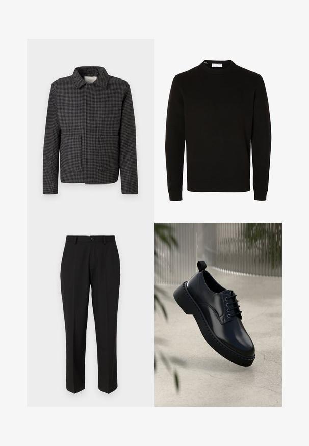 Chaqueta de cuadros gris con cuello, dos bolsillos frontales y corte recto. La tela es texturizada y presenta un clásico patrón de espiga.; Jersey de punto negro de manga larga con cuello redondo, puños y bajo acanalados, mostrado sobre un fondo blanco liso.; Pantalones negros de tela suave, con un diseño de pierna recta, bolsillos delanteros, un cierre de botón y sin patrones visibles.; Zapato de piel negra con punta redondeada, diseño con cordones y suela de goma gruesa con un borde texturizado. Acabado elegante y hardware minimalista.