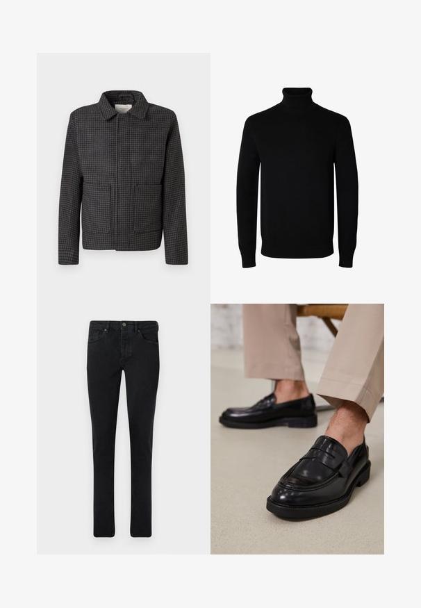 Grau kariertes Jackett mit Kragen, zwei Vordertaschen und gerader Passform. Der Stoff ist strukturiert und zeigt ein klassisches Hahnentrittmuster.; Schwarzer Langarm-Rollkragenpullover mit gerippten Bündchen und Saum, auf einem schlichten weißen Hintergrund dargestellt.; Dunkelblaue Jeans im Slim-Fit-Schnitt, mit Fünf-Taschen-Design und metallischem Knopfverschluss. Glatte Textur und gleichmäßige Farbe.; Schwarze Lederloafers mit glatter Oberfläche, ausgestattet mit einem dekorativen Riemen und Kontrastnähten, kombiniert mit beigen Hosen.