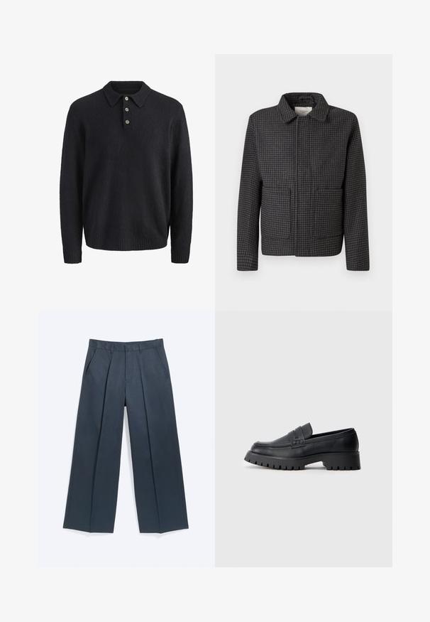 Grå ternet jakke med krave, to forlommer og lige snit. Stoffet er struktureret og har et klassisk hundetandmønster.; Mørkeblå langærmet strikket sweater med krave og tre knapper ned foran.; Mørkegrå bukser med vide ben, forlommer, sidelommer, bæltestropper og skjult frontlukning, vist på hvid baggrund.; Sorte læder loafers med en rund tå, prydet med en dekorativ rem og en kraftig gummisål med dybe riller for grip.