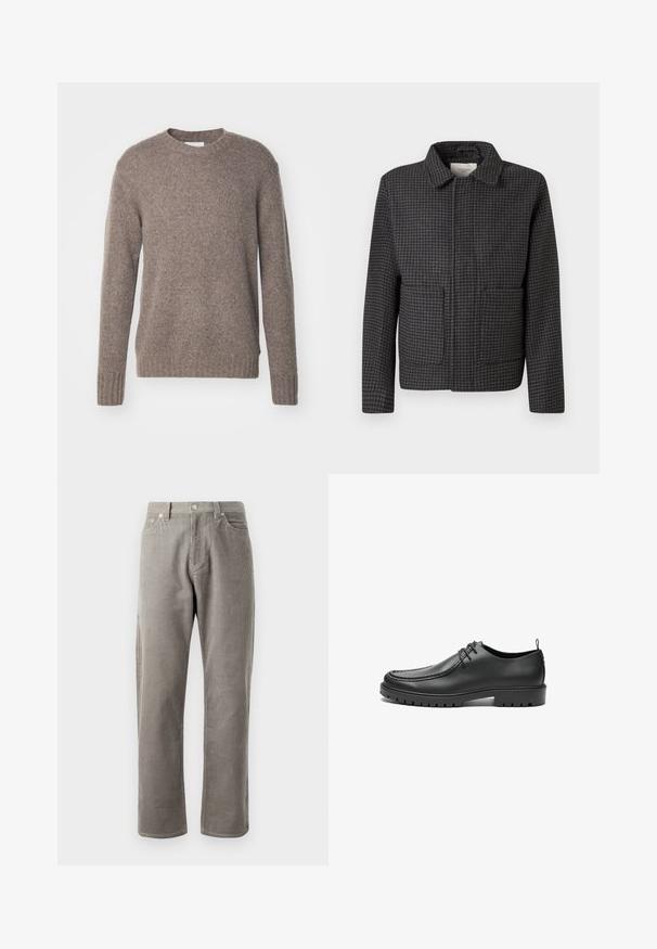 Chaqueta de cuadros gris con cuello, dos bolsillos frontales y corte recto. La tela es texturizada y presenta un clásico patrón de espiga.; Suéter marrón de punto con cuello redondo, mangas largas y puños y dobladillo acanalados, que presenta un acabado suave y texturizado.; Pantalones de pana grises con corte recto, que cuentan con una cintura alta, bolsillos frontales y una textura sutil de canalé vertical.; Zapatos de cuero negro con un acabado suave, punta redondeada y costuras decorativas. Cuenta con una suela de goma con surcos para tracción y un diseño de cordones.
