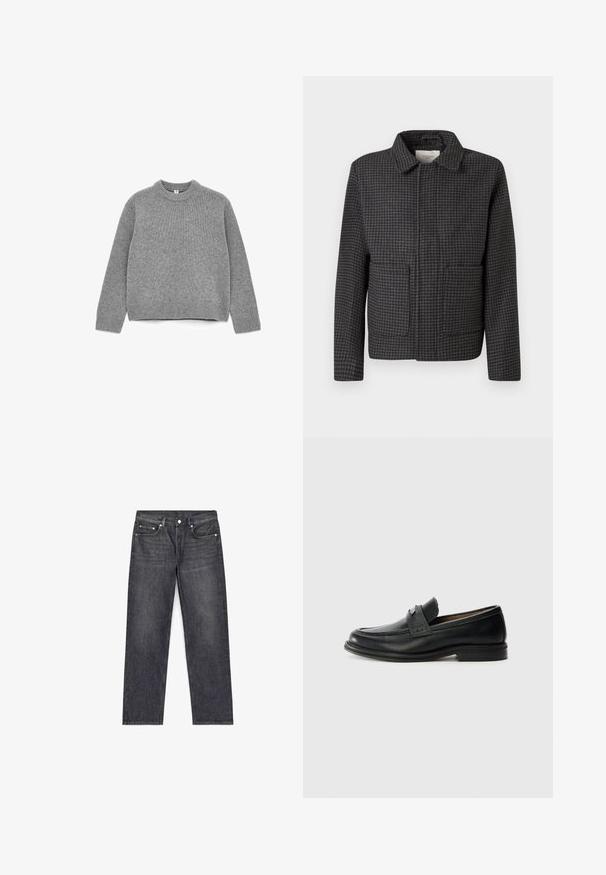 Veste à carreaux gris avec un col, deux poches avant et une coupe droite. Le tissu est texturé et présente un motif pied-de-coq classique.; Pull en tricot gris avec un col rond, des manches longues, des poignets et un ourlet côtelés, et une texture douce.; Jean en denim gris foncé avec coupe droite, cinq poches, bouton supérieur et légère décoloration au niveau des cuisses. Design épuré, sans ornements.; Mocassins en cuir noir avec une finition lisse, dotés d'une bande supérieure texturée, d'un talon bas et de détails de couture minimalistes.