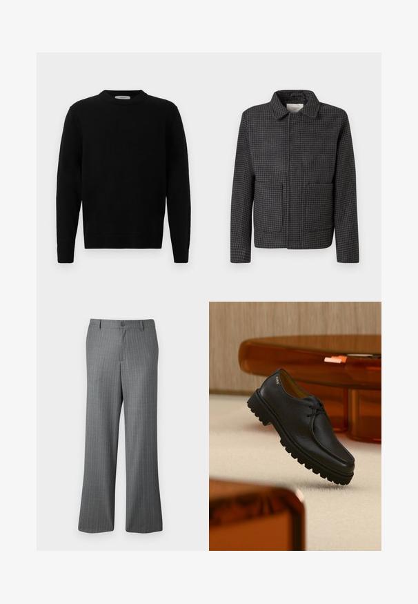 Chaqueta de cuadros gris con cuello, dos bolsillos frontales y corte recto. La tela es texturizada y presenta un clásico patrón de espiga.; Suéter negro de punto con cuello redondo, mangas largas y puños acanalados. Textura suave con un diseño limpio y minimalista, apto para uso casual.; Pantalones de rayas grises con un ajuste relajado, que presentan un cierre de botón, pasadores para cinturón y sutiles rayas azul claro en toda su superficie.; Zapato negro de cuero con textura, con cordones y suela gruesa con relieves, con la marca "HUGO" cerca del talón, exhibido sobre una alfombra beige y junto a un mueble color ámbar.