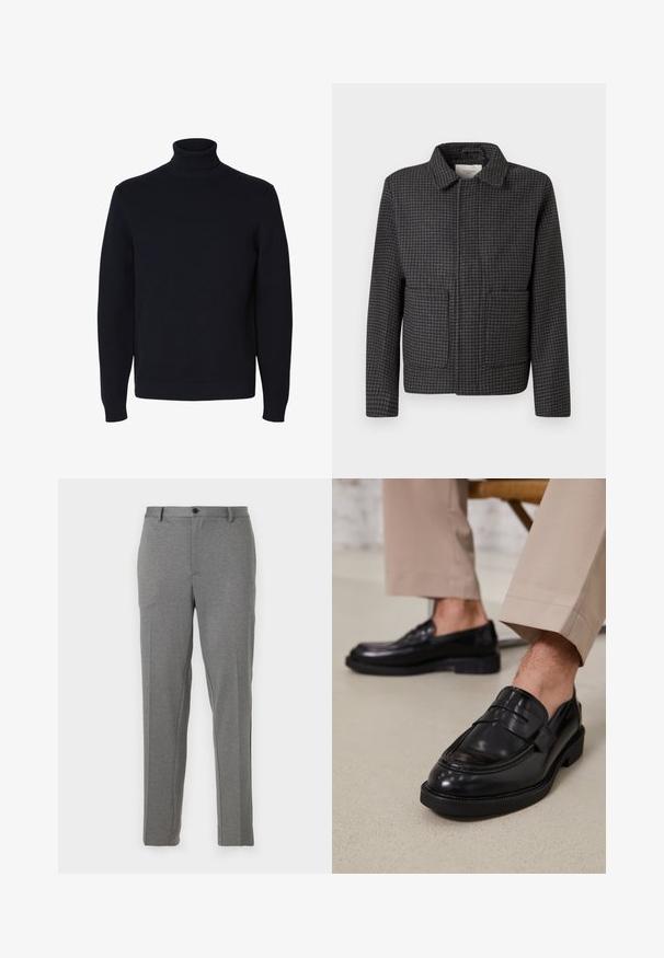Grå ternet jakke med krave, to forlommer og lige snit. Stoffet er struktureret og har et klassisk hundetandmønster.; Sort langærmet strikket rullekrave sweater med ribstrikkede ærmekant og kant, vist på hvid baggrund.; Grå skræddersyede bukser med en glat tekstur, let mønster, lynlås- og knaplukning, forlommer og tapered ben.; Sorte lædermokkasiner med en glat overflade, der har en dekorativ rem og kontraststing, parret med beige bukser.