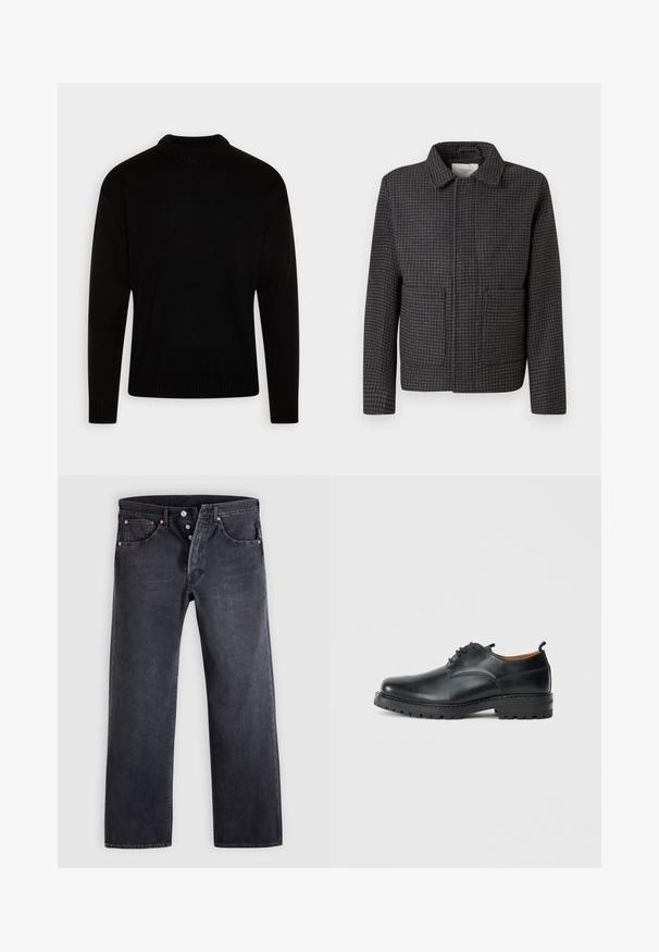 Veste à carreaux gris avec un col, deux poches avant et une coupe droite. Le tissu est texturé et présente un motif pied-de-coq classique.; Pull en maille noire avec un col montant côtelé. Manches longues et poignets et ourlet côtelés. Texture lisse avec un design simple et classique.; Jean en denim noir avec une coupe droite, design à cinq poches, et boutons en cuivre. Texture lisse avec une légère finition délavée.; Chaussures derby en cuir noir avec une texture lisse, bout rond, design à lacets et une semelle en caoutchouc épaisse et robuste.