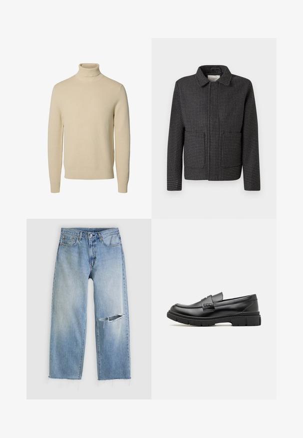 Harmaa ruudullinen takki, jossa on kaulus, kaksi etutaskua ja suora leikkaus. Kangas on texturoidulla pinnalla ja siinä on klassinen houndstooth-kuvio.; Beigenvärinen neulottu poolipitkä kaulusneule, jossa on pitkät hihat sekä resorit hihansuissa ja helmassa, esitetty yksinkertaisella valkoisella taustalla.; Vaaleansiniset suoralahkeiset farkut, joissa on suuri vaakasuuntainen repeämä oikeassa polvessa ja rispaantuneet lahkeensuut valkoisella taustalla.; Musta nahkainen loaferi, jossa on leveä hihna vampin poikki, kumipohja paksuilla kureilla ja sileä pinta. Klassinen, tyylikäs muotoilu.