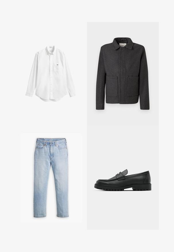 Veste à carreaux gris avec un col, deux poches avant et une coupe droite. Le tissu est texturé et présente un motif pied-de-coq classique.; Chemise blanche boutonnée, manches longues, tissu en coton doux, ourlet arrondi, poche poitrine unique, petit logo sur la poche, col classique.; Jean en denim bleu clair avec une coupe droite, style cinq poches et coutures contrastantes. Fermeture à bouton et à glissière à la taille.; Mocassins en cuir noir à bout arrondi, avec un design cousu, une semelle plateforme basse et une semelle en caoutchouc texturée et crantée.