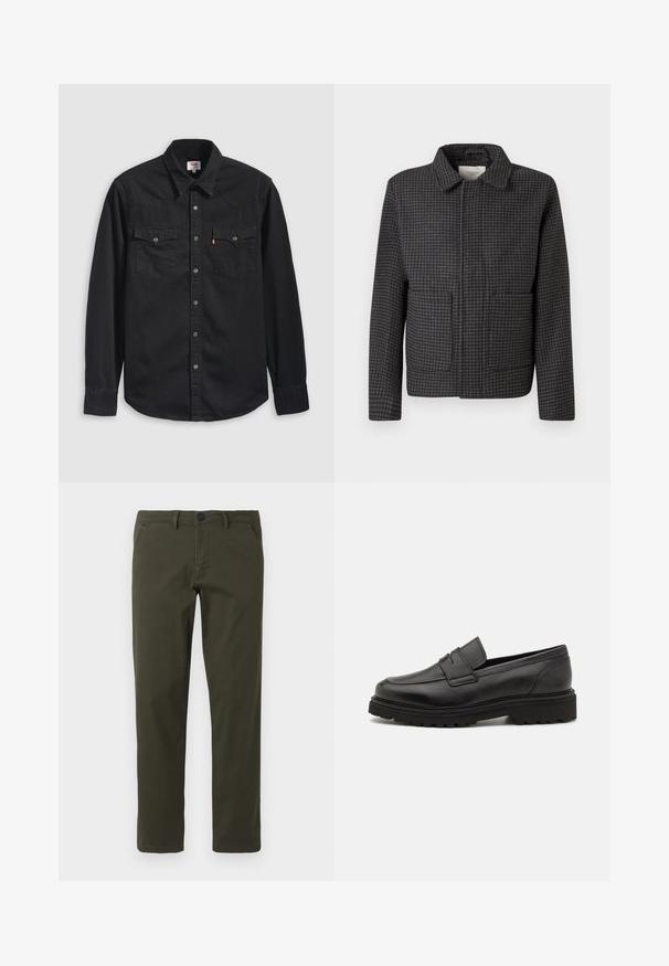 Veste à carreaux gris avec un col, deux poches avant et une coupe droite. Le tissu est texturé et présente un motif pied-de-coq classique.; Chemise en denim noir avec col boutonné, deux poches poitrine et un col pointu avec des détails de couture visibles.; Pantalons droits en vert olive fabriqués à partir d'un mélange de coton. Présentent une fermeture éclair, des passants de ceinture et deux poches latérales. Texture lisse.; Mocassin en cuir noir avec un bout rond, des détails cousus, et une semelle épaisse et texturée. Présente un design élégant et minimaliste.