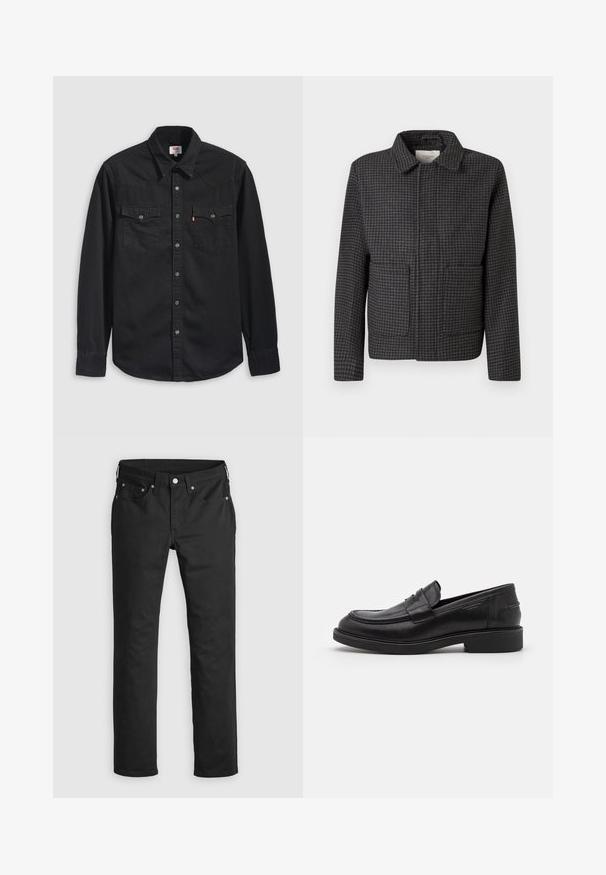 Veste à carreaux gris avec un col, deux poches avant et une coupe droite. Le tissu est texturé et présente un motif pied-de-coq classique.; Chemise en denim noir avec col boutonné, deux poches poitrine et un col pointu avec des détails de couture visibles.; Pantalons en denim noir avec une coupe droite, dotés d'une fermeture éclair, de cinq poches et de détails en métal. Texture lisse.; Mocassins en cuir noir avec un bout arrondi, des coutures ton sur ton et un détail de sangle à l'avant. Semelle en caoutchouc avec un petit talon.