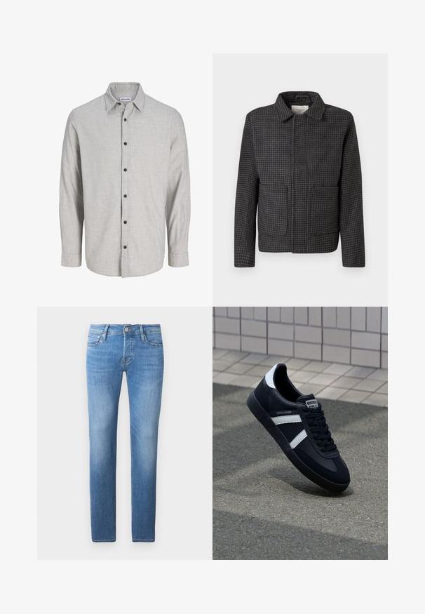 Grå ternet jakke med krave, to forlommer og lige snit. Stoffet er struktureret og har et klassisk hundetandmønster.; Lys grå langærmet skjorte lavet af struktureret stof. Har en button-down krave og seks sorte knapper foran.; Lyseblå denim jeans med straight-leg snit, der har knap- og lynlåslukning, fem lommer og subtil falming.; Sort lædersneaker med hvide striber, tekstureret gummisål og snørrebånd foran. Har et brandet mærke på tungen.