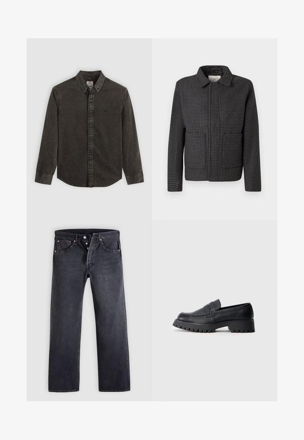 Veste à carreaux gris avec un col, deux poches avant et une coupe droite. Le tissu est texturé et présente un motif pied-de-coq classique.; Chemise en denim gris foncé avec manches longues, col boutonné et fermeture à l'avant par boutons. Possède des coutures décoratives et un petit logo sur la poitrine.; Jean en denim noir avec une coupe droite, design à cinq poches, et boutons en cuivre. Texture lisse avec une légère finition délavée.; Mocassins en cuir noir avec un bout arrondi, présentant une sangle décorative et une semelle en caoutchouc épaisse avec de profonds crampons pour une meilleure adhérence.
