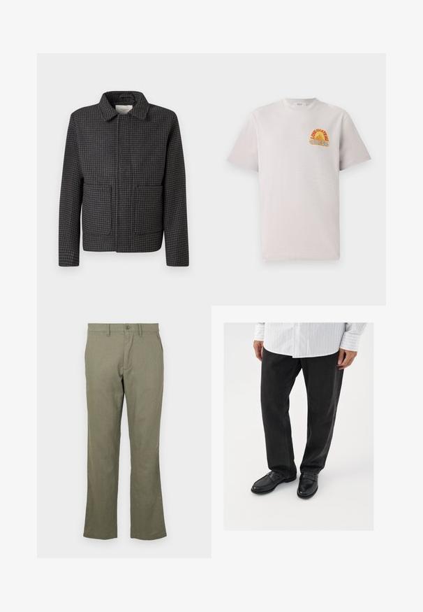 Grau kariertes Jackett mit Kragen, zwei Vordertaschen und gerader Passform. Der Stoff ist strukturiert und zeigt ein klassisches Hahnentrittmuster.; Hellgraues Baumwoll-T-Shirt mit Rundhalsausschnitt, das ein farbenfrohes "Lone Château Replay"-Grafikdesign in Orange und Blau auf der Brust zeigt.; Lässige olivgrüne Hose aus einem weichen Stoff. Mit geradem Beinschnitt, Fronttaschen und Knopfverschluss. Keine sichtbaren Muster.; Schwarze Jeans kombiniert mit glänzenden schwarzen Slippern. Das Hemd ist weiß mit dünnen vertikalen Streifen, hat lange Ärmel und einen geknöpften Kragen.