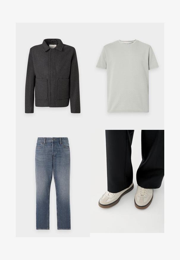 Grau kariertes Jackett mit Kragen, zwei Vordertaschen und gerader Passform. Der Stoff ist strukturiert und zeigt ein klassisches Hahnentrittmuster.; Hellgraues, kurzärmeliges T-Shirt mit strukturiertem Muster, Rundhalsausschnitt und geradem Saum. Aus weichem, atmungsaktivem Stoff gefertigt.; Dunkelblaue Jeans aus Denim, mit geradem Bein, versehen mit einer ausgeblichenen Waschung, fünf Taschen und kupferfarbener Hardware. Sauberer, klassischer Look.; Füße mit beigen Sneakers mit braunen Sohlen und schwarzen Hosen mit weitem Bein auf weißem Hintergrund.