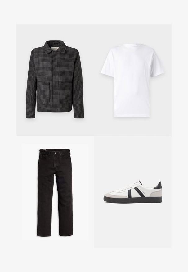 Grijze geruite jas met een kraag, twee vo pockets en een rechte snit. De stof is textuur en heeft een klassiek pied-de-coq patroon.; Witte T-shirt met korte mouwen, gemaakt van katoen, met een ronde hals. Het heeft een gladde textuur en een eenvoudig ontwerp zonder patronen of accenten.; Zwarte recht gesneden denim jeans met vijf zakken, knoopsluiting en riemlussen, plat gelegd op een witte achtergrond.; Witte sneaker met zwarte en grijze accenten, voorzien van een grijze neus met textuur, zwarte rubberen zool en platte witte veters. Schoon ontwerp, minimalistische stijl.