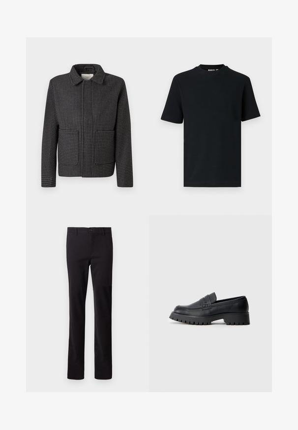 Grau kariertes Jackett mit Kragen, zwei Vordertaschen und gerader Passform. Der Stoff ist strukturiert und zeigt ein klassisches Hahnentrittmuster.; Schwarzes, kurzärmeliges, geripptes Strick-T-Shirt mit Rundhalsausschnitt und einem kleinen, sichtbaren Etikett im Krageninnenteil.; Schwarze Hose aus Baumwollmischgewebe; mit geradem Beinschnitt und einem vorderen Knopfverschluss. Keine sichtbaren Muster oder Verzierungen.; Schwarze Leder-Loafer mit abgerundeter Schuhspitze, ausgestattet mit einem dekorativen Riemen und einer robusten Gummisohle mit tiefem Profil für besseren Halt.