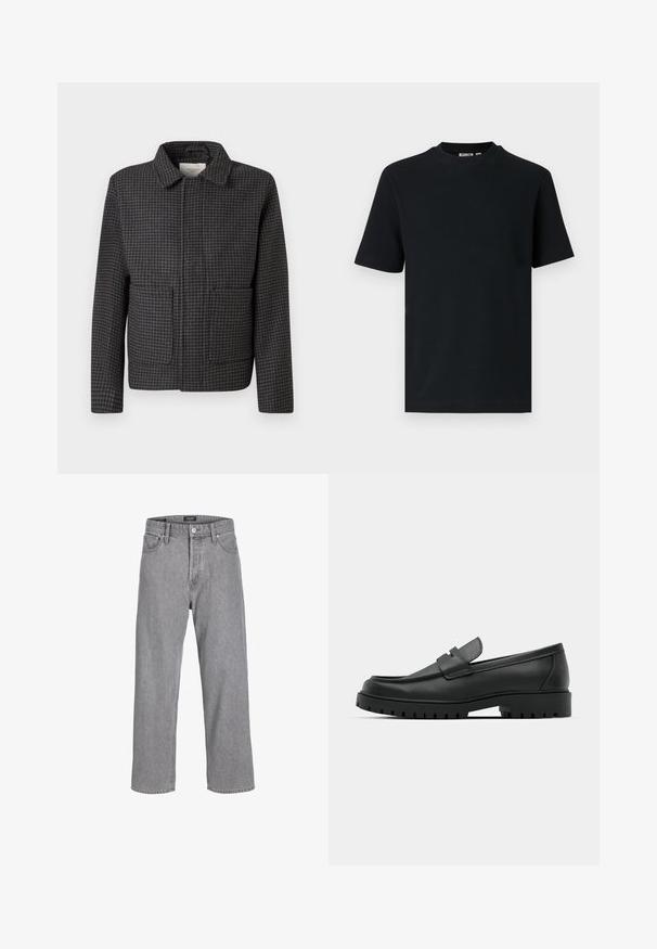 Grijze geruite jas met een kraag, twee vo pockets en een rechte snit. De stof is textuur en heeft een klassiek pied-de-coq patroon.; Zwart, geribd, gebreid T-shirt met korte mouwen en ronde hals, met een klein zichtbaar label aan de binnenkant van de kraag.; Grijze denim broek met een ontspannen, losse pasvorm. Beschikt over een traditionele vijf-pocket ontwerp en een knoopsluiting bij de tailleband.; Zwarte leren instappers met een ronde neus, voorzien van een gestikt ontwerp, een lage platformzool en een gestructureerde, grof rubberen buitenzool.