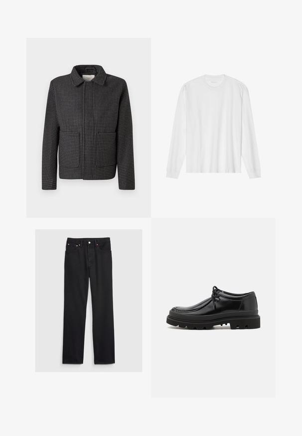 Grijze geruite jas met een kraag, twee vo pockets en een rechte snit. De stof is textuur en heeft een klassiek pied-de-coq patroon.; Wit, lang katoen T-shirt met lange mouwen en ronde hals, met geribde manchetten en een rechte zoom, een gladde textuur en een minimalistisch ontwerp.; GAP 90S LOOSE - Wijde jeans - black; Zwarte leren derby schoenen met een strak ontwerp, ronde neus en een getextureerde rubberen zool met diepe groeven voor grip.