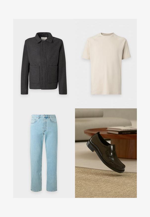 Grijze geruite jas met een kraag, twee vo pockets en een rechte snit. De stof is textuur en heeft een klassiek pied-de-coq patroon.; Beige T-shirt met korte mouwen en ronde hals met raglanmouwen, effen en van gladde stof.; Lichtblauwe denim jeans met een rechte pijp, uitgerust met vijf zakken, een ritssluiting en subtiele vervagingen door de stof.; Zwarte leren instaploafer die zweeft boven een beige geweven vloerkleed met een houten salontafel en boeken op de achtergrond.