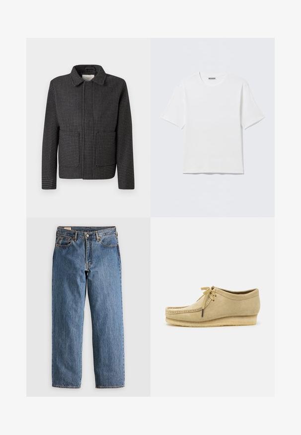 Grå ternet jakke med krave, to forlommer og lige snit. Stoffet er struktureret og har et klassisk hundetandmønster.; Hvid, kortærmet t-shirt med rund hals og et lille "WEEKDAY"-mærke på indersiden af bagkraven, vist på en flad overflade.; Blå denimjeans med lige snit, der har høj talje, kobbernitter og orange syninger. Foran og bagpå er der lommer.; Beige suedestøvle med snørebåndsdesign, syede detaljer og gummisål. Formen er afslappet med en let hæl.