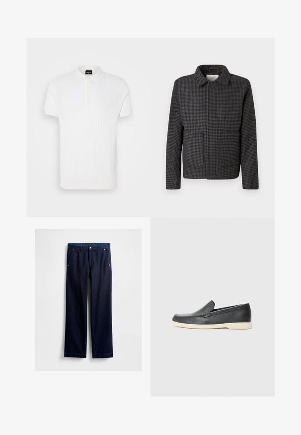 Veste à carreaux gris avec un col, deux poches avant et une coupe droite. Le tissu est texturé et présente un motif pied-de-coq classique.; Polo-shirt blanc à manches courtes avec un motif en maille texturée, col classique et patte de boutonnage à trois boutons. Fini en tissu lisse.; Pantalon en denim bleu marine à coupe droite, avec deux poches avant, des accents en métal et une finition lisse.; Mocassin noir en cuir à enfiler avec semelle beige, positionné en suspension près d'un porte-revues en fil métallique sur un sol en terrazzo.