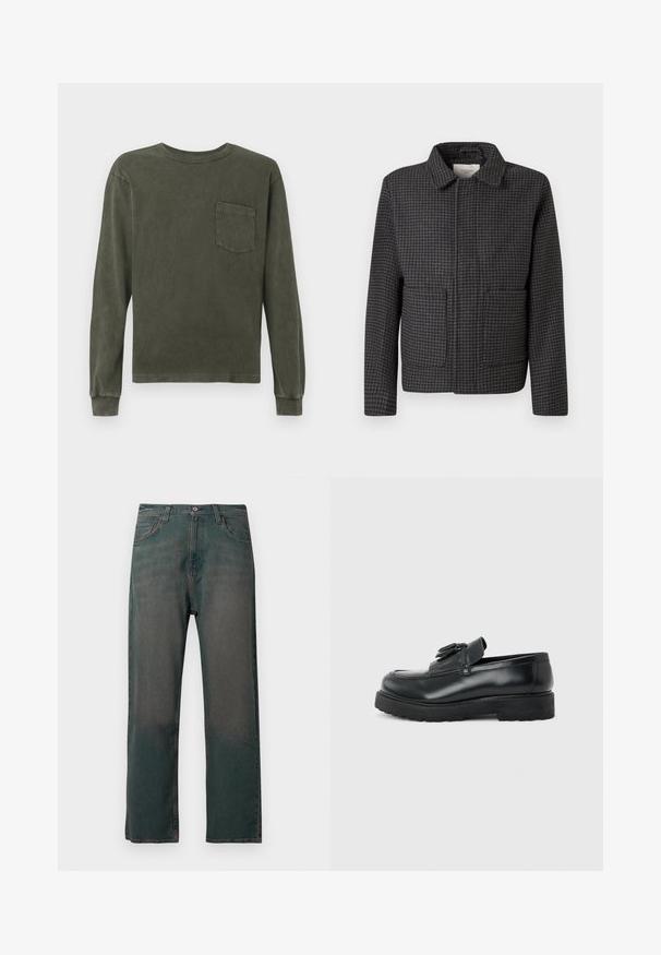 Chaqueta de cuadros gris con cuello, dos bolsillos frontales y corte recto. La tela es texturizada y presenta un clásico patrón de espiga.; Camisa de manga larga en verde oliva oscuro, fabricada en material suave, con cuello redondo y un bolsillo en el pecho. Textura suave, corte relajado.; Vaqueros de mezclilla verde oscuro con corte de pierna recta, que presentan un diseño clásico de cinco bolsillos y costuras de contraste a lo largo de las costuras.; Mocasín de cuero negro con borlas, suela de caucho gruesa y tacón bajo, mostrado de perfil sobre un fondo liso.