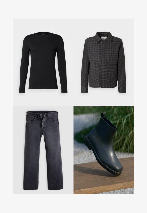 Chaqueta de cuadros gris con cuello, dos bolsillos frontales y corte recto. La tela es texturizada y presenta un clásico patrón de espiga.; Camiseta de manga larga negra, hecha de tejido suave. Presenta un escote redondo y una silueta ajustada sin gráficos ni adornos visibles.; Jeans vaqueros negros de corte recto, diseño de cinco bolsillos y detalles de botones de cobre. Textura suave con un acabado ligeramente desgastado.; Bota de cuero negro hasta el tobillo con una superficie lisa, lados elásticos y una lengüeta en forma de asa, descansando sobre una superficie de madera frente a un fondo desenfocado.