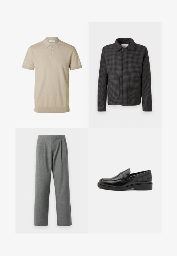 Grijze geruite jas met een kraag, twee vo pockets en een rechte snit. De stof is textuur en heeft een klassiek pied-de-coq patroon.; Beige polo met korte mouwen, kraag en drie knopen, geribde randen aan mouwen en zoom, effen gebreide stof.; Grijze, rechte broek van gestructureerde stof, met plooien aan de voorkant en een basic tailleband, zonder zichtbare zakken.; Zwarte leren instappers met een gladde afwerking, ronde neus, lage hak en decoratieve stiksels aan de voorkant. Rubberen buitenzool voor grip.