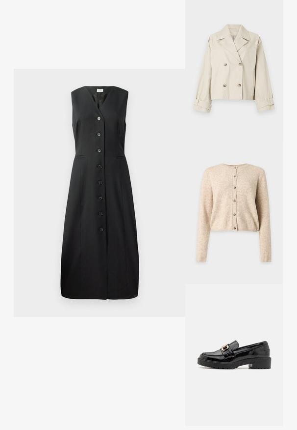 Beige cropped Jacke mit einem doppelt geknöpften Design, großen Revers und Knopfakzenten. Verfügt über aufgerollte Manschetten und eine glatte Textur.; Beiger langärmeliger Cardigan mit Knöpfen, rundem Ausschnitt sowie gerippten Bündchen und Saum, dargestellt auf einem schlichten hellgrauen Hintergrund.; Schwarzes ärmelloses Kleid mit V-Ausschnitt, sieben Knöpfen auf der Vorderseite und zwei seitlichen Taschen; glattes Material und figurbetonter Schnitt.; Schwarze Lackleder-Loafer mit einem niedrigen Blockabsatz, die über eine auffällige goldfarbene Schnalle und eine strukturierte, geriffelte Außensohle verfügen.