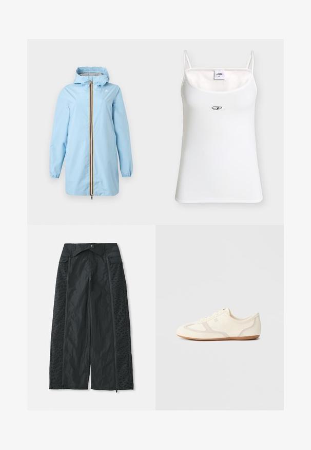 Lyseblå regnjakke med hætte, for-lynlås med sorte, hvide, røde og gule striber, elastiske manchetter og to sidelommer.; Hvid tanktop med spaghetti stropper, lille sort logo placeret midt under halsudskæringen og størrelsesmærkat inde i kraven.; Sort brede bukser lavet af letvægtsmateriale, der har teksturerede mønstre på siderne og lynlåsåbninger ved kanten.; Sneakers i cremefarve med overdel i ruskind og stof, rundet tå og gummisål med beige detaljer. Snørelukning.