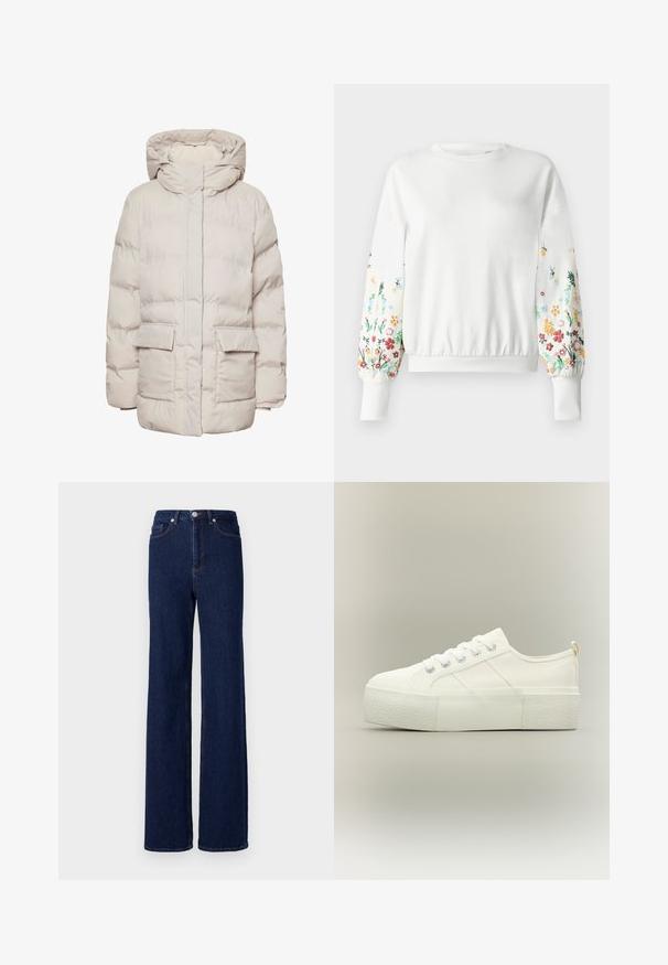 Pieces Puffer PCNORMA - Vinterfrakke - silver gray; Hvid sweatshirt med rund halsudskæring og ribstrikkede manchetter, der har farverig blomsterbroderi langs ærmerne i forskellige nuancer.; Mørkeblå denim jeans med høj talje, bred benudskæring og klassisk fem-pocket design. Afsluttet med kontrastsyning og en metalknap.; Hvid platform sneaker med tyk struktureret sål, snørelukning foran og subtile syningsdetaljer på en neutral baggrund.