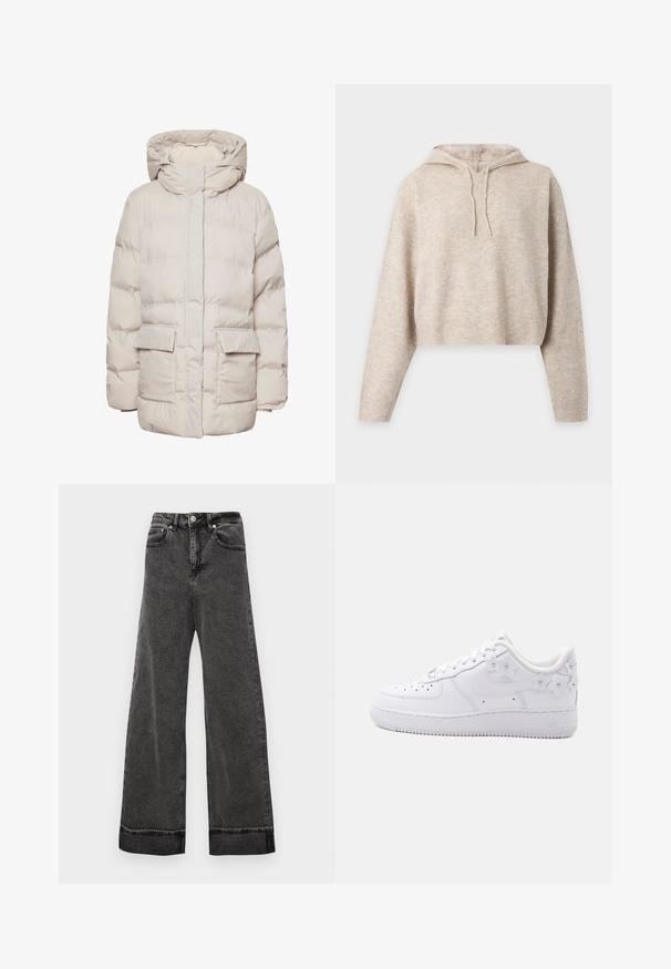 Pieces Puffer PCNORMA - Talvitakki - silver gray; Beige neulottu lyhyt huppari pitkillä hihoilla ja kiristysnauhalla, esitetty yksinkertaisella vaalealla taustalla.; Mustat farkut korkealla vyötäröllä ja leveillä lahkeilla, valmistettu denimistä, jossa on nappikiinnitys, viisi taskua ja raakahelma nilkoissa.; Valkoinen matalan mallinen tennari, jossa on rei'itetty kärki, Nike-logo ja koristeelliset valkoiset kukkakuviot kannassa ja sivulla.