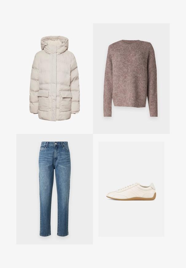 Pieces Puffer PCNORMA - Wintermantel - silver gray; Bruine, ribgebreide trui met lange mouwen en een ronde hals. Relaxte pasvorm en zachte textuur, geschikt voor casual draagstijl.; Blauwe denim jeans met een recht silhouet, vijf zakken en een sluiting met een voorste knoop. Licht gewassen met subtiele vervaging en een gestructureerd oppervlak.; Witte leren sneaker met een gladde textuur, ronde neus en tonale stiksels. Voorzien van een tankleurige rubberen zool en vetersluiting.