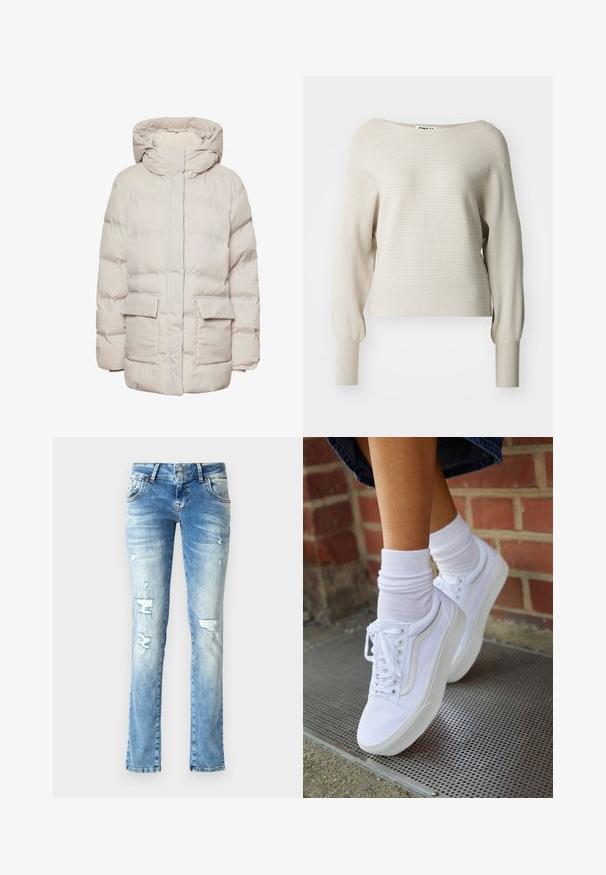 Pieces Puffer PCNORMA - Zimný kabát - silver gray; Béžový rebrovaný sveter so širokým výstrihom, dlhými rukávmi a úzkymi manžetami. Jemná textúra so subtilnými horizontálnymi pruhmi. Viditeľná značka.; Svetlomodré rifle z denimového materiálu s voľným strihom, so zaoblenými detailmi, zapínaním na gombíky s dvoma gombíkmi a rovnými nohavicami.; Biele plátené tenisky s gumovou podrážkou, s piatimi dierkami na šnúrky, okrúhlou špičkou a svetlými švami, doplnené o biele členkové ponožky.