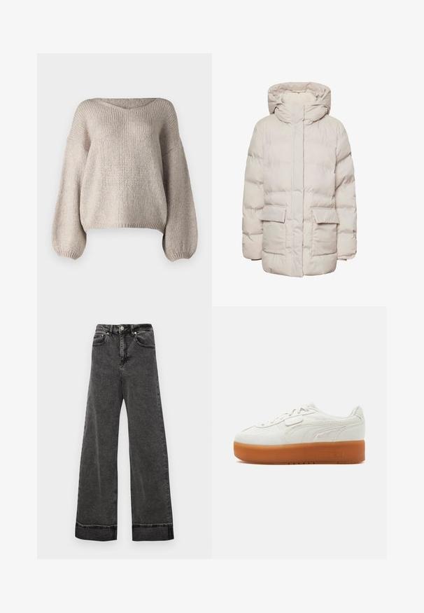 Pieces Puffer PCNORMA - Vinterfrakke - silver gray; Beige strikket sweater med bred V-udskæring, lange ballonærmer og en cropped kant. Teksturen er chunky og blød, med et enkelt design.; Bredde ben højtaljede sorte jeans lavet af denim, med knaplukning, fem lommer og rå kanter ved anklerne.; Hvid lavsko med tyk brun gummisål, syningsdetaljer på siden og snørelukning med lille velcrostykke.