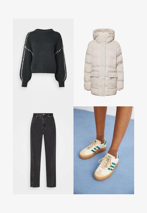 Pieces Puffer PCNORMA - Manteau d'hiver - silver gray; Vero Moda VMFENG O NECK - Pullover - asphalt; Jeans en denim noir à jambe droite avec taille haute, bouton et fermeture éclair à l'avant, et style cinq poches sur fond blanc.; Baskets beiges avec des rayures vert foncé, semelle en caoutchouc, tige en daim et textile, et accessoires neutres, associées à des chaussettes brunes sur une surface bleu clair.