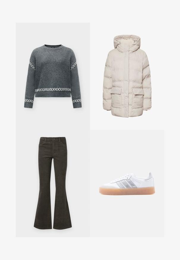 Pieces Puffer PCNORMA - Zimný kabát - silver gray; Sivý pletený sveter s dlhými rukávmi s bielymi vzormi krížikových stehmi na rukávoch, manžetách a pri spodnom okraji, s okrúhlym výstrihom.; Ešte rozšírené kordové nohavice v tmavo olivovej zelenej farbe, s gombíkovým a zipsovým zapínaním, piatimi vreckami a jemnou rebrovou textúrou.; Biela nízka teniska s gumovou podrážkou, striebornými pruhovanými bočnými detailmi a šnurovacím zapínaním, zobrazená na jednofarebnom svetlom pozadí.