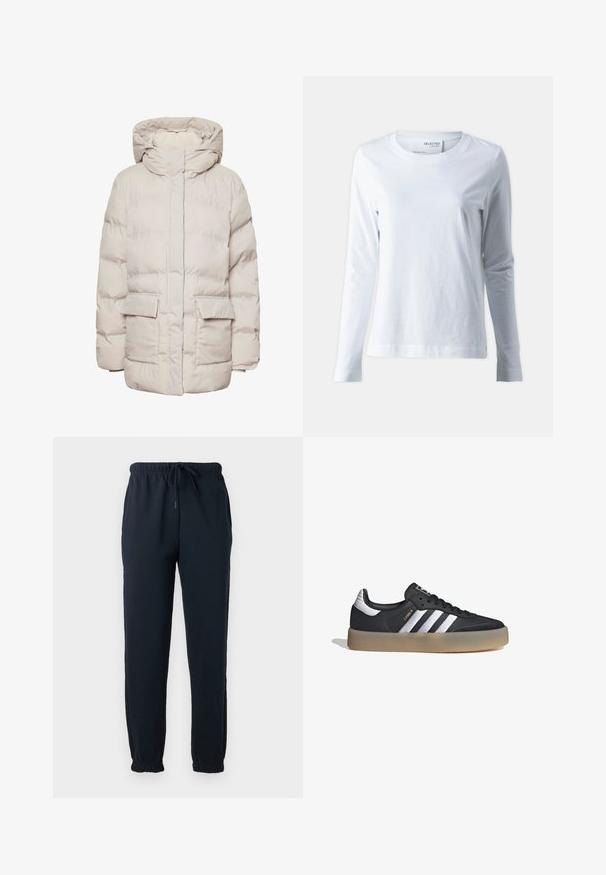 Pieces Puffer PCNORMA - Abrigo de invierno - silver gray; Camiseta blanca de manga larga hecha de algodón suave. Presenta un cuello redondo y mangas ajustadas. Textura suave con un diseño liso.; Pantalones deportivos negros con cintura elástica, cordón, bolsillos laterales y puños elásticos en los tobillos.; Zapatilla deportiva de cuero negro con tres rayas plateadas, punta texturizada y suela de goma. Cuenta con un collar acolchado y un diseño con cordones.