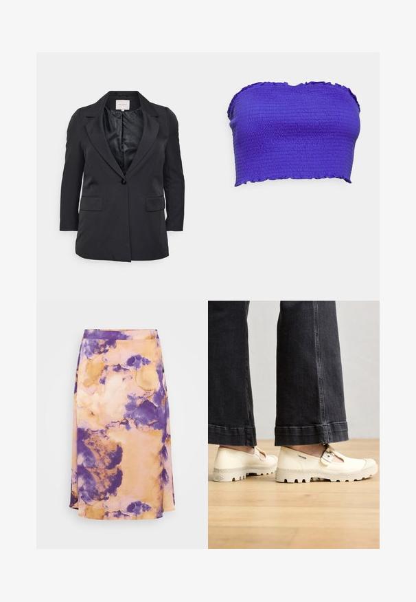 Mustmust vetsak lapel-kraevidusega, ühe nupuga kinnitamine, kaks esist pocketit ja siidine vooder. Tekstuuriga materjal koos struktureeritud disainiga.; Even&Odd Curvy Topp - blue; Lilla ja oranž tie-dye midi seelik pehmest kangast, A-line kujuga ja peene tekstuuriga, omades sujuvat vöökohta ja voolavat disaini.; Beige kangastossud, millel on lõikekujundus ja rihmadetailid, tekstuursete kummitaldadega ning külgedel nähtava brändimisega.