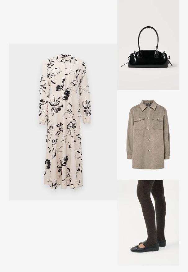 Fleece-skjortejakke i lys brun med knaplukning foran, to brystlommer og klassisk krave. Blød tekstur, lange ærmer og lige kant.; Lang beige kjole med sort blomstret tryk, lange ærmer, samlet talje og krave med knaplukning foran.; Ben iført mørke ribbede leggings kombineret med sorte balletsko med små sløjfedetaljer på hvid baggrund.; Lille sort blank håndtaske med to lange håndtag og snøre-detaljer i siden på en ensfarvet lys baggrund.