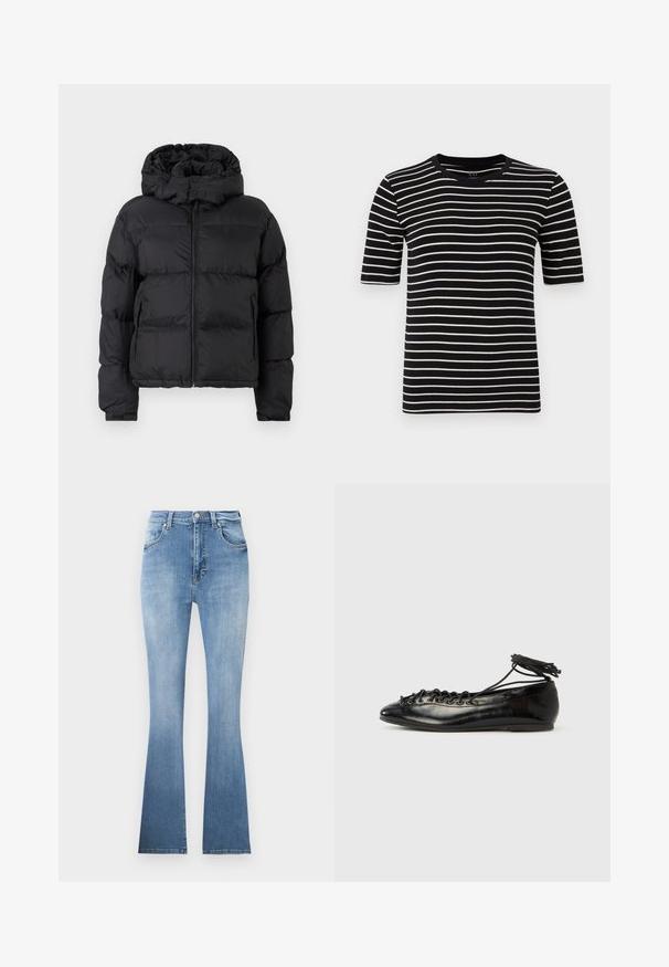 Chaqueta de plumas negra con cierre de cremallera, cuello alto y capucha. La tela es suave con un diseño acolchado, proporcionando aislamiento y calidez.; Camiseta de rayas negras y blancas, de mangas cortas, cuello redondo, hecha de suave punto de algodón, con rayas uniformes y un ajuste estándar.; Vaqueros de mezclilla de corte acampanado en azul claro, con cintura alta, bolsillos frontales y un ligero desvanecimiento hacia el dobladillo. Presentan costuras claras.; Zapatos planos tipo ballet de charol negro con punta redondeada, diseño con cordones y suela plana. Textura lisa con detalles mínimos.