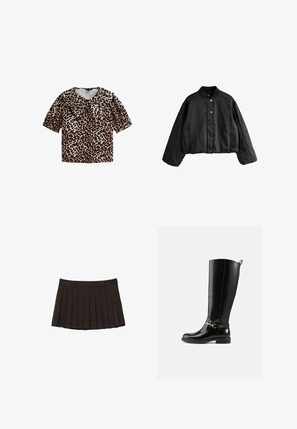 Veste bomber noire courte avec fermeture à boutons-pression, col montant côtelé, manches longues et deux poches avant.; Blouse à motif léopard avec manches courtes bouffantes, décolleté en V et grand col. Présente une palette de couleurs beige et noir ; fabriquée en tissu léger.; Mini-jupe plissée noire avec passants de ceinture et ceinture structurée sur fond blanc.; Bottes noires montantes en cuir verni, avec un détail de boucle argentée à la cheville et une conception à bout arrondi. Semelle plate.