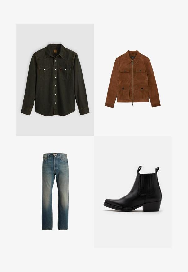 Brun ruskindsjakke med fire lynlåslommer med klapper og central lynlåslukning, med en klassisk krave og lange ærmer.; Langærmet sort denimskjorte med spids krave, to brystlommer, sølvknapper og gule syninger. Klassisk western-design.; Blå falmede straight-leg denimjeans med knap- og lynlåslukning, for- og baglommer, præsenteret på hvid baggrund.; Kentucky's Western Cowboy- / bikerstøvlette - black