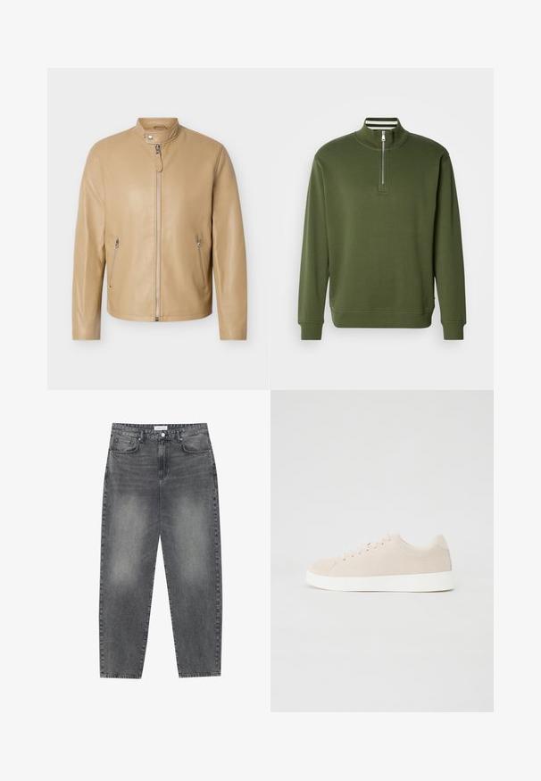 Lys brun læderjakke med lynlås foran, lynlåslommer i siderne og en krave med trykknap på ensfarvet baggrund.; Grøn sweatshirt med kvart lynlås, lavet af glat stof, med høj krave og ribstrikkede ærmekanter. Enkel design med minimal detaljer.; Høj talje, løstsiddende jeans i falmet sort denim. Har fem lommer, bæltestropper og et rent, lige ben design.; Beige ruskindsneakers med hvide gummisåler, rund tå og seks snøringshuller. Glat tekstur med minimalisk design.