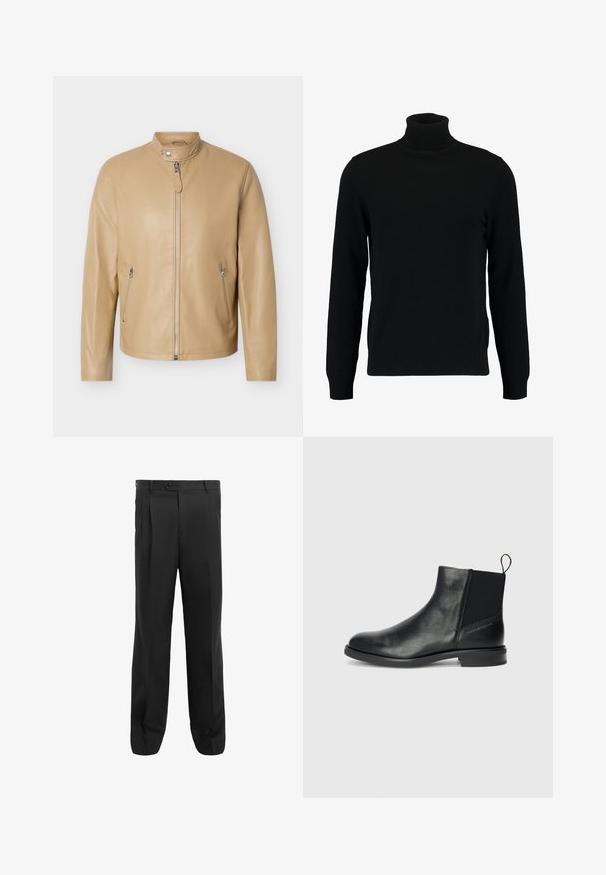 Lys brun læderjakke med lynlås foran, lynlåslommer i siderne og en krave med trykknap på ensfarvet baggrund.; Sort turtleneck sweater lavet af et blødt strikmateriale. Har lange ærmer, ribbet krave og kant. Enkel, slank design uden mønstre.; Sorte bukser med lige ben, der har plisseringer, en enkelt knaplukning og bæltests. Fremstillet af glat stof.; Sorte læder ankelstøvler med elastiske sidepaneler, rund tå, lav blokhæl og en strop bagpå for nem påtagning.