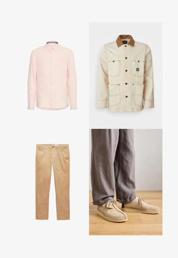 Beige jakke lavet af bomuld med en brun fløjlskrave. Har fem lommer, brune knapper og kontrasterende syninger for ekstra detaljer.; Lyserød langærmet skjorte med knaplukning og lomme, stripet tekstur og kontrastfarvet krave. Har knapmanchetter og buet nederste kant.; Beige bomuldsbukser med lige ben, bæltestropper, forlommer og knaplukning.; Beige ruskindssko med rund tå, snørredetaljer og sømme, parret med løse grå linnedbukser på et trægulv.