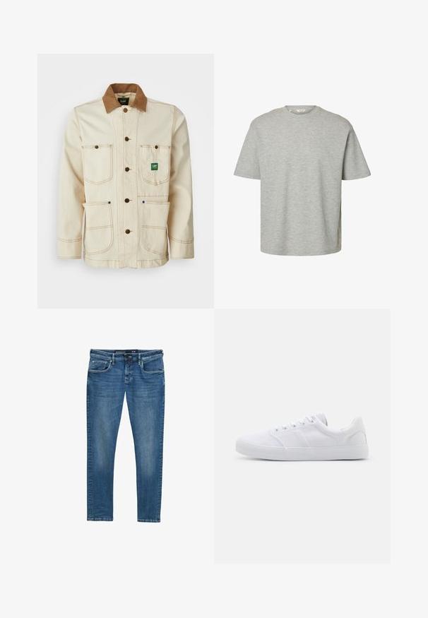 Beige jasje van katoen met een bruine ribfluwelen kraag. Heeft vijf zakken, bruine knopen en contrasterende stiksels voor extra detail.; Lichtgrijs T-shirt met korte mouwen en ronde hals, losse pasvorm en zachte katoenen stof.; Blauwe spijkerbroek met een rechte pijp, vijf zakken, subtiele wassing op de bovenbenen en een taillebandlabel dat maat 31/32 aangeeft.; Witte canvas sneakers met een rubberen zool, voorzien van zes oogjes, een gestructureerde neuskap en een minimalistisch ontwerp.