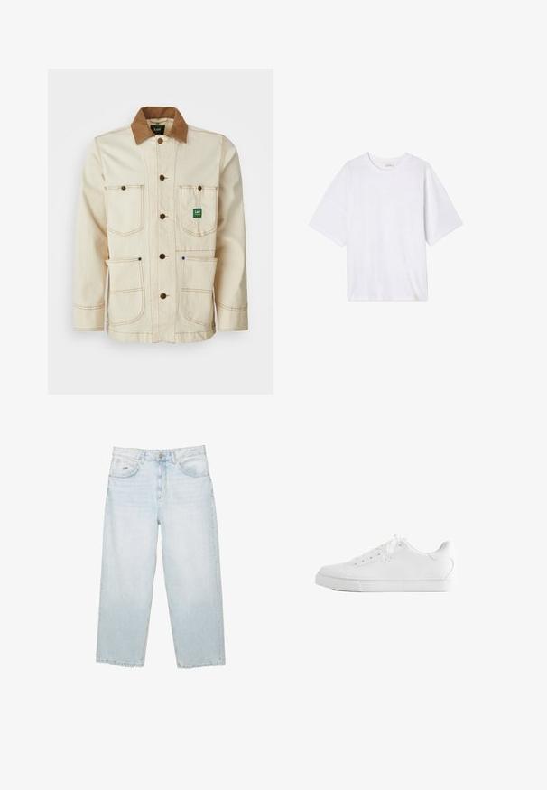 Beige jakke lavet af bomuld med en brun fløjlskrave. Har fem lommer, brune knapper og kontrasterende syninger for ekstra detaljer.; Hvid kortærmet t-shirt lavet af blødt stof. Har en rund halsudskæring og en afslappet pasform med en lige kant. Ingen mønstre eller hardware.; Lysblå højtaljede straight-leg jeans med frontknap, lommer og lille mærket metalmærke på den højre forlommer.; Hvid lavtop sneakers med snørebånd, glat læderoverdel og flad gummiå sole set fra siden på en hvid baggrund.