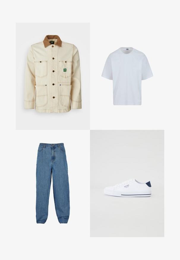 Veste beige en coton avec un col en velours côtelé marron. Comprend cinq poches, des boutons marron et des coutures contrastées pour un détail supplémentaire.; T-shirt en coton blanc avec un col rond, des manches courtes et une coupe droite. Présente des détails de couture subtils sur les épaules.; Pantalon en denim bleu clair avec une taille haute, un design à jambes larges, style cinq poches et une fermeture à bouton et à glissière.; Baskets en toile blanches avec un accent de talon marine, semelle en caoutchouc plate, bout rond et lacets blancs. Présente un logo sur le côté.
